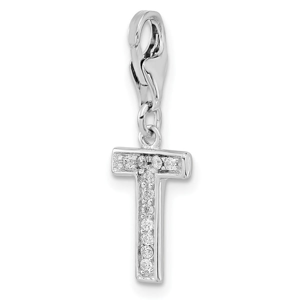 Sterling Silver RH CZ Letter T w/Lobster Clasp Charm