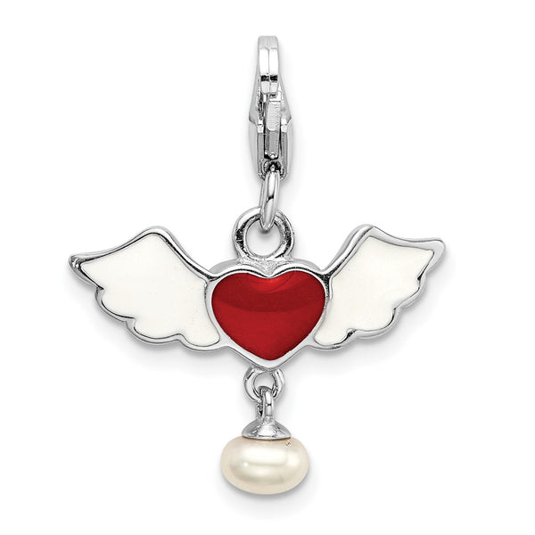 Sterling Silver 34X21MM Heart with Dangling Pearl Charm