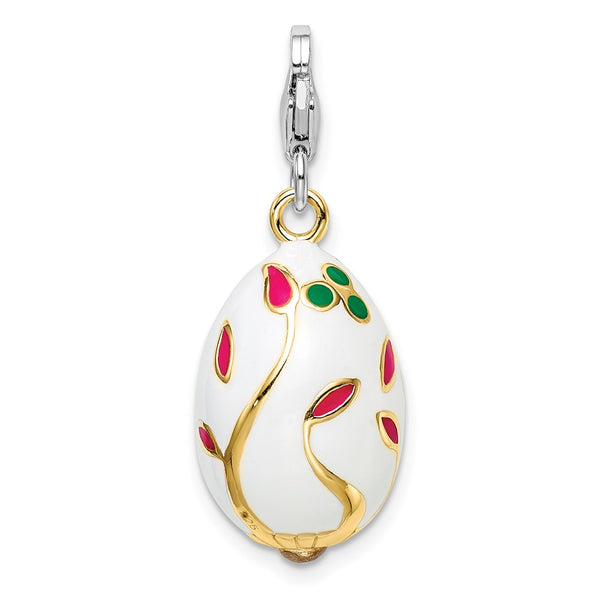 Sterling Silver 3-D Enameled Gold-plated White Egg w/Lobster Clasp Charm