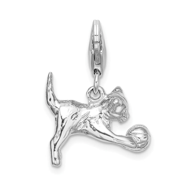 SS RH 3-D Polished Kitten & Ball w/Lobster Clasp Charm