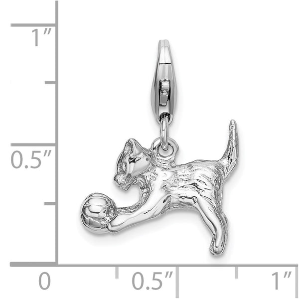 SS RH 3-D Polished Kitten & Ball w/Lobster Clasp Charm