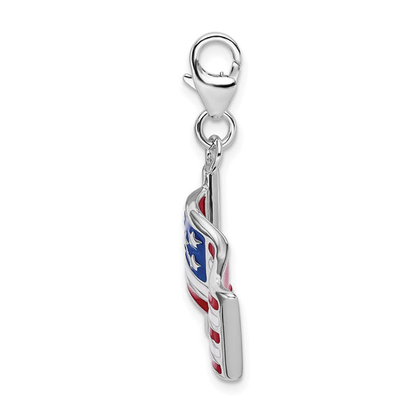 Sterling Silver 41X16MM Three Dimensional Enamel Reversible Lobster Clasp American Flag Charm