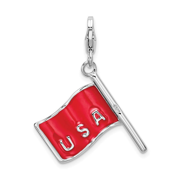 Sterling Silver 41X16MM Three Dimensional Enamel Reversible Lobster Clasp American Flag Charm