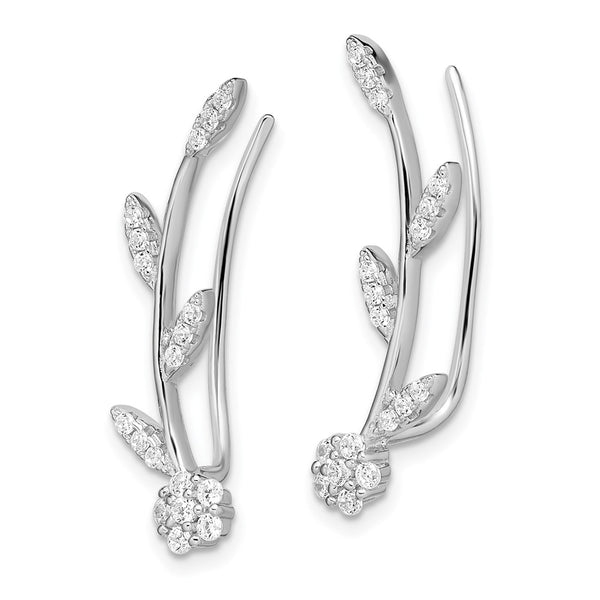 Sterling Silver Cubic Zirconia 27X6MM Flower Ear Climber Earrings