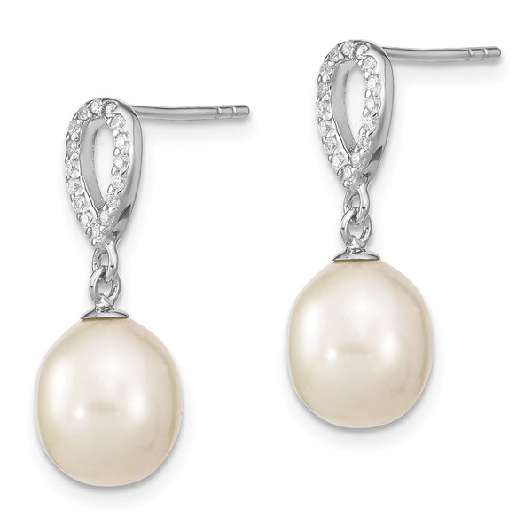 Sterling Silver 8X9MM Pearl and Cubic Zirconia Drop & Dangle Earrings