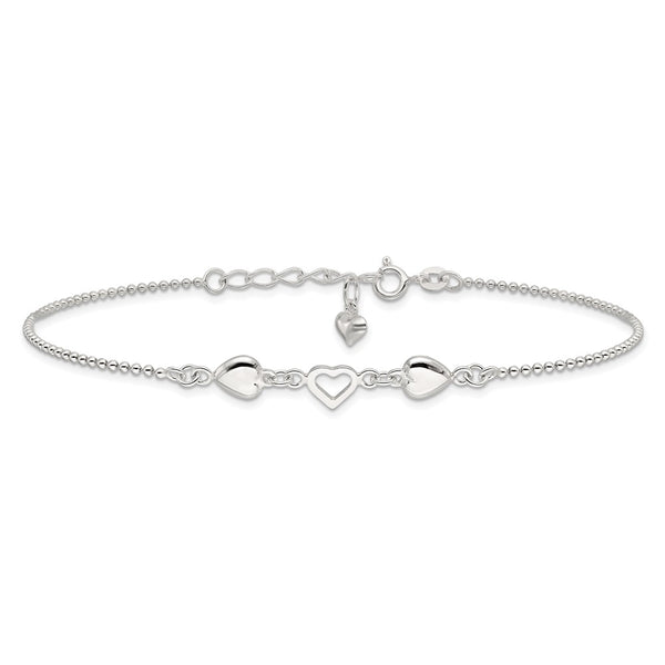 Sterling Silver 9-inch Heart Anklet