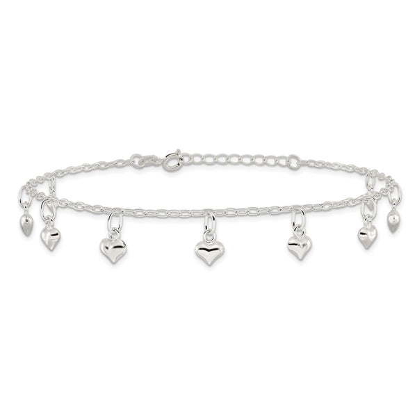 Sterling Silver 9-inch Heart Anklet