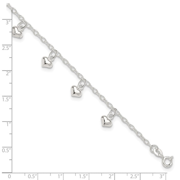 Sterling Silver 9-inch Heart Anklet