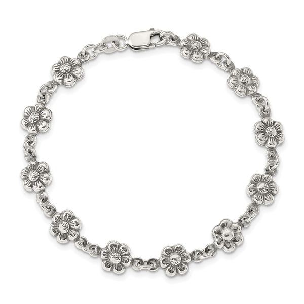 Sterling Silver 7-inch 8MM Lobster Clasp Flower Bracelet