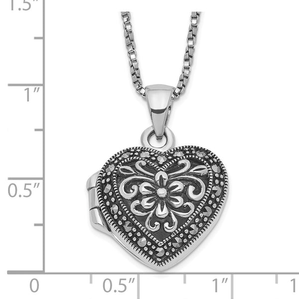 Sterling Silver Marcasite 18-inch 19MM Heart Locket Necklace