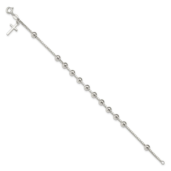 Sterling Silver 7.25-inch Beaded Cross Bracelet