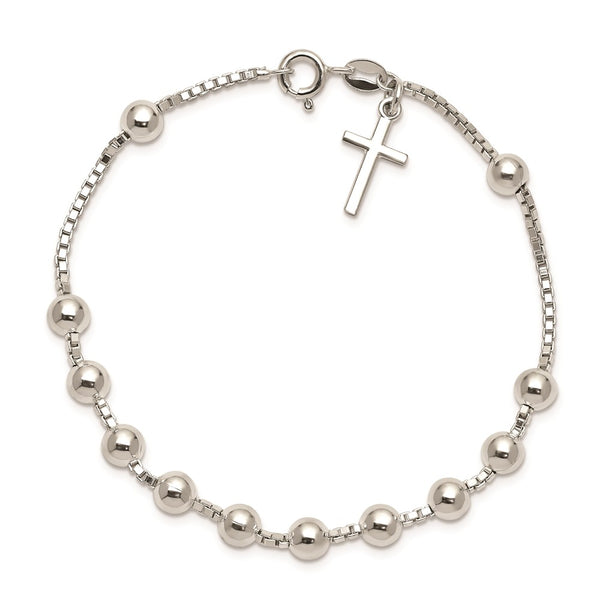 Sterling Silver 7.25-inch Beaded Cross Bracelet