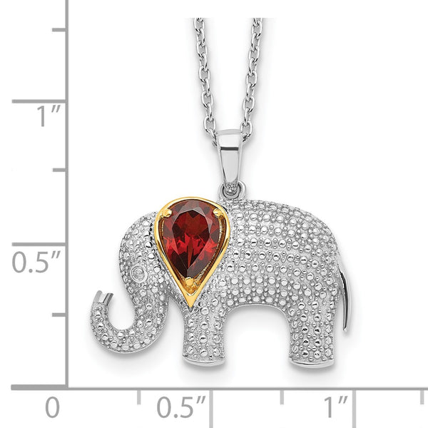 Pear Garnet Diamond Accent Elephant 17-inch Pendant in Sterling Silver