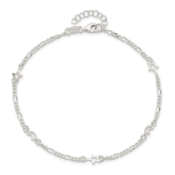 Sterling Silver 10-inch Celestial Moon and Star Anklet