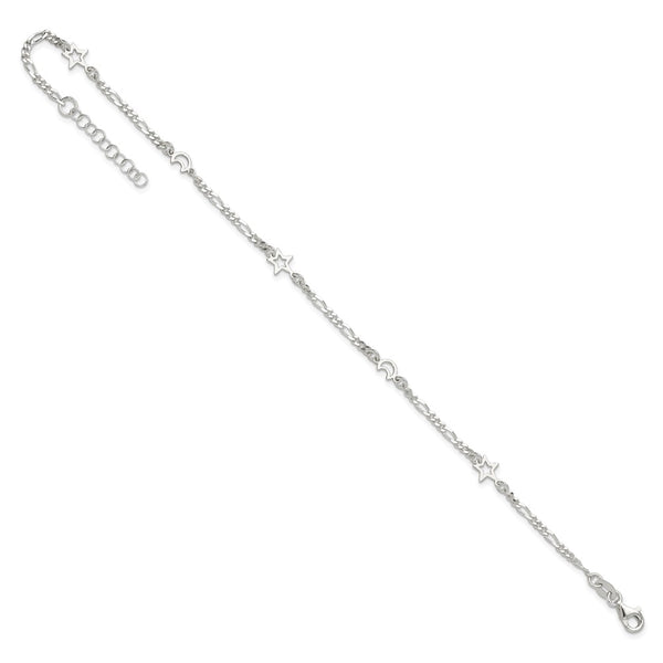 Sterling Silver 10-inch Celestial Moon and Star Anklet