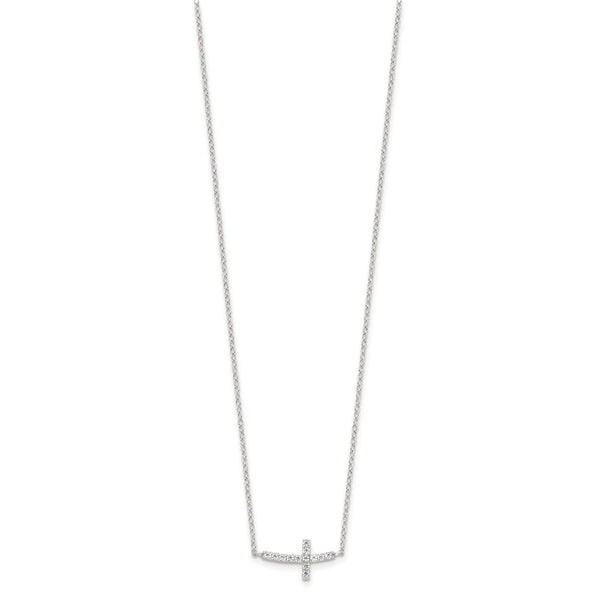 Sterling Silver with CZ Offset Sideways Cross w/ 2 IN EXT Necklace