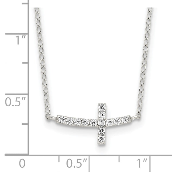 Sterling Silver with CZ Offset Sideways Cross w/ 2 IN EXT Necklace