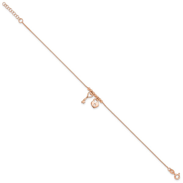 Rose Gold Plated Sterling Silver 9-inch Heart Lock and Key Anklet