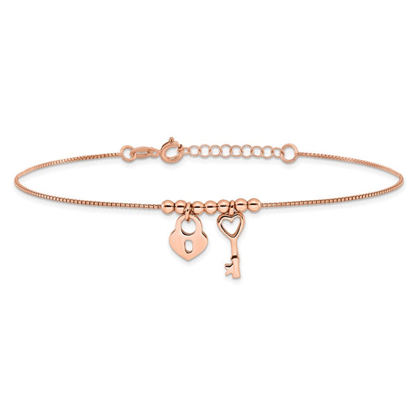 Rose Gold Plated Sterling Silver 9-inch Heart Lock and Key Anklet