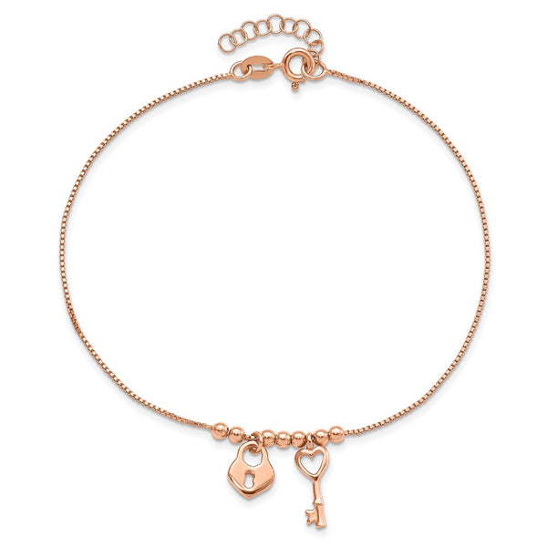 Rose Gold Plated Sterling Silver 9-inch Heart Lock and Key Anklet