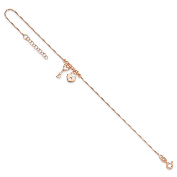 Rose Gold Plated Sterling Silver 9-inch Heart Lock and Key Anklet