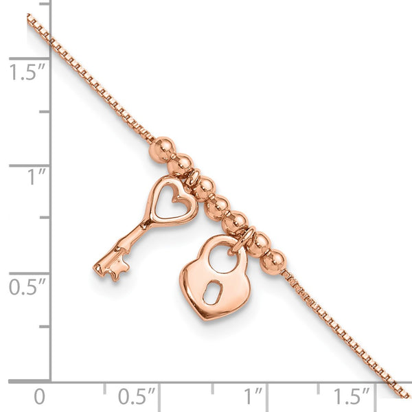 Rose Gold Plated Sterling Silver 9-inch Heart Lock and Key Anklet