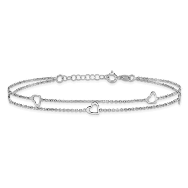 Sterling Silver 10-inch Heart 2-Strand Anklet