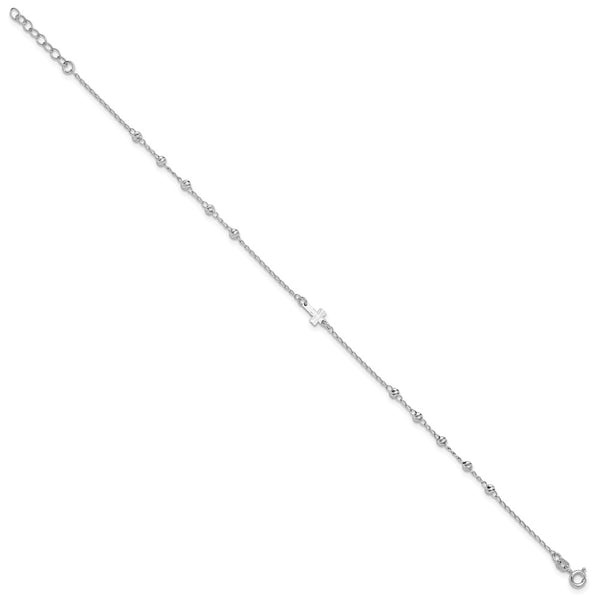 Sterling Silver 10-inch Diamond-cut Beaded Cross Anklet