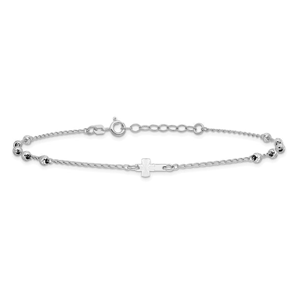 Sterling Silver 10-inch Diamond-cut Beaded Cross Anklet