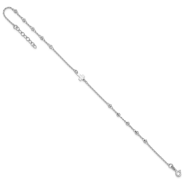 Sterling Silver 10-inch Diamond-cut Beaded Cross Anklet