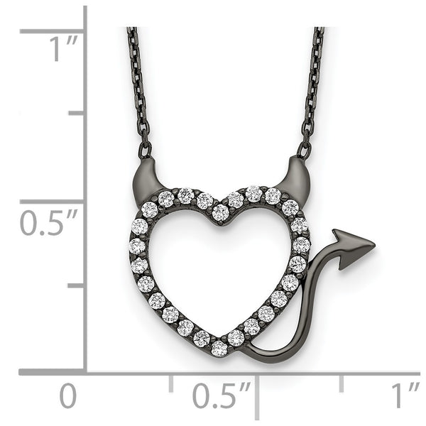 Black Ruthenium Plated Sterling Silver Cubic Zirconia 16-inch Heart Devil Necklace