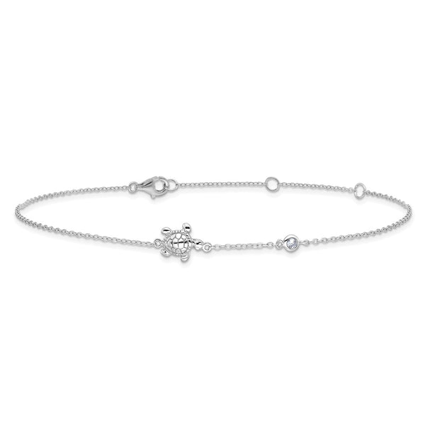 Sterling Silver Cubic Zirconia 11-inch Turtle Anklet