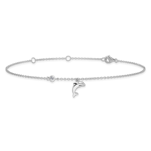 Sterling Silver Cubic Zirconia 11-inch Dolphin Anklet