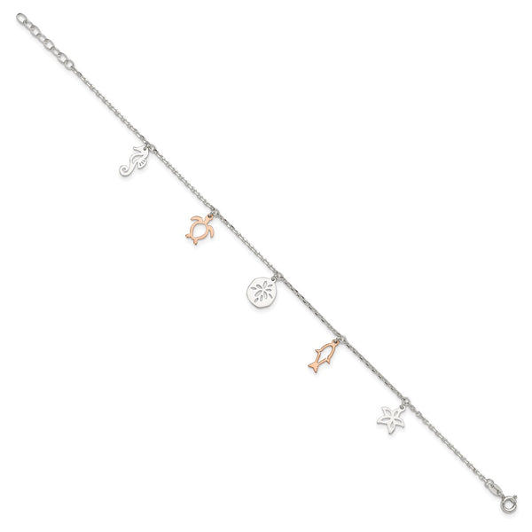 Rose Gold Plated Sterling Silver Turtle, Sand dollar, Seahorse Anklet