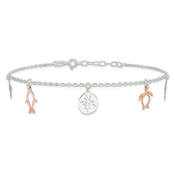 Rose Gold Plated Sterling Silver Turtle, Sand dollar, Seahorse Anklet