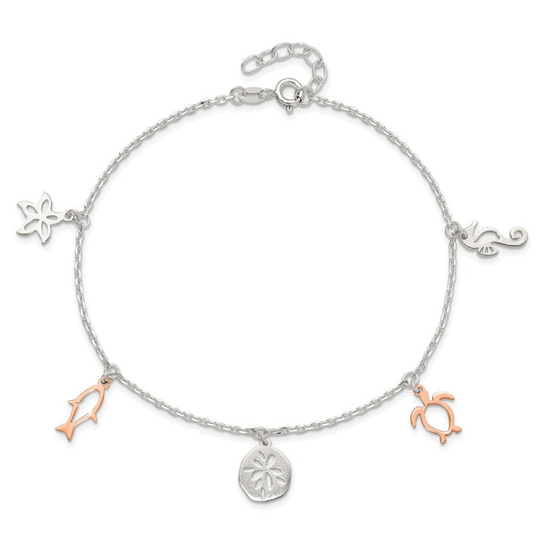 Rose Gold Plated Sterling Silver Turtle, Sand dollar, Seahorse Anklet