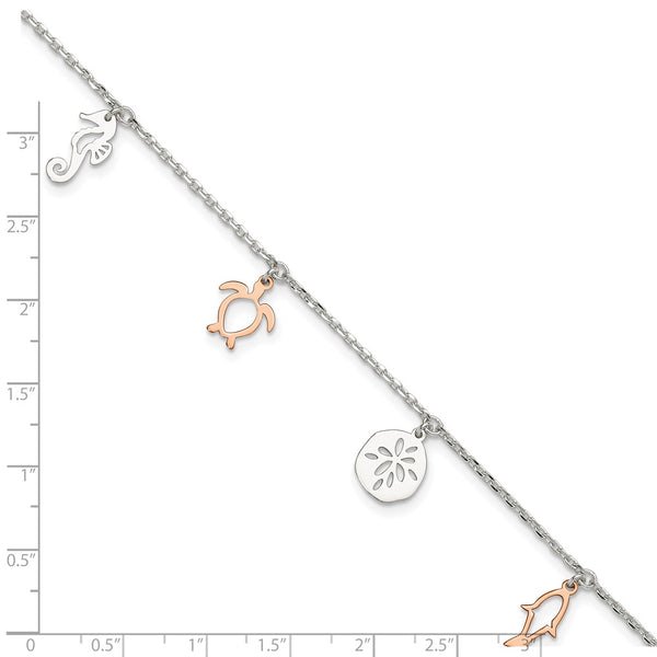 Rose Gold Plated Sterling Silver Turtle, Sand dollar, Seahorse Anklet