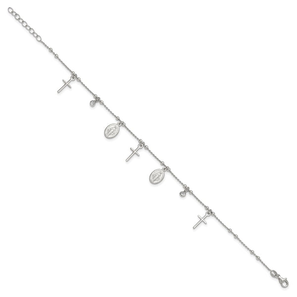 Sterling Silver Cubic Zirconia 10-inch Cross Religious Anklet