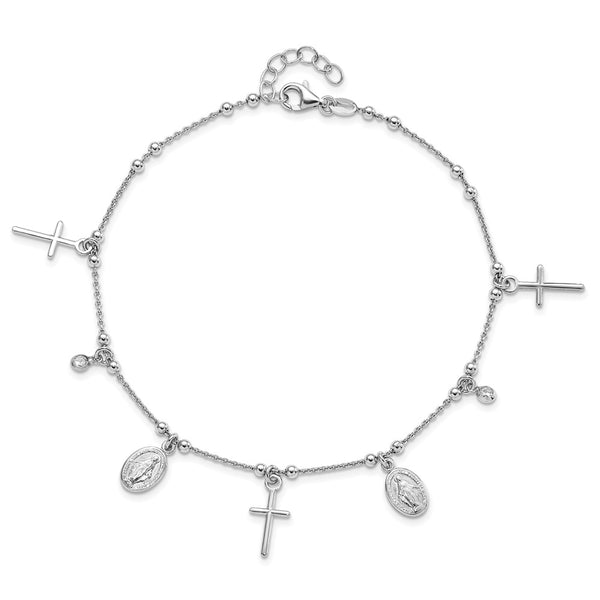 Sterling Silver Cubic Zirconia 10-inch Cross Religious Anklet