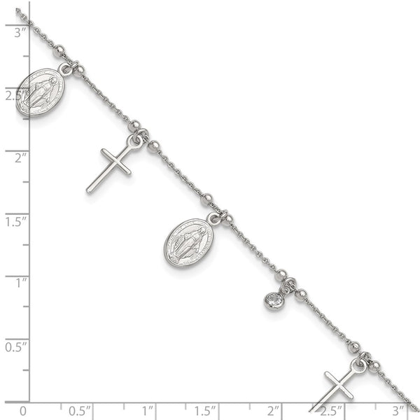 Sterling Silver Cubic Zirconia 10-inch Cross Religious Anklet