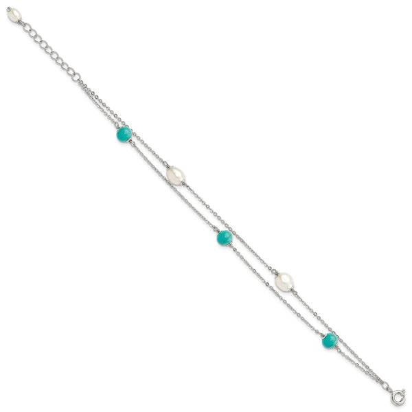 Sterling Silver 5X8MM Pearl and Turquoise 8-inch Bracelet