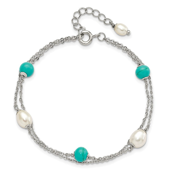 Sterling Silver 5X8MM Pearl and Turquoise 8-inch Bracelet