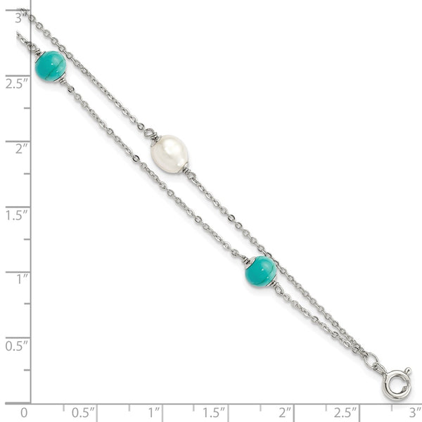 Sterling Silver 5X8MM Pearl and Turquoise 8-inch Bracelet