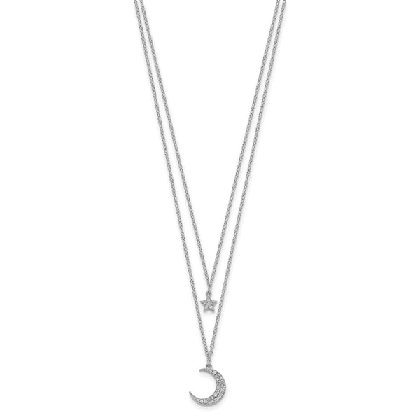 Sterling Silver Cubic Zirconia 18-inch 2-Layer Star & Moon Necklace