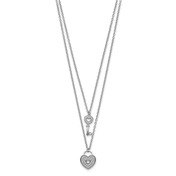 Sterling Silver Cubic Zirconia 18-inch Heart 2-Layer Lock and Key Necklace