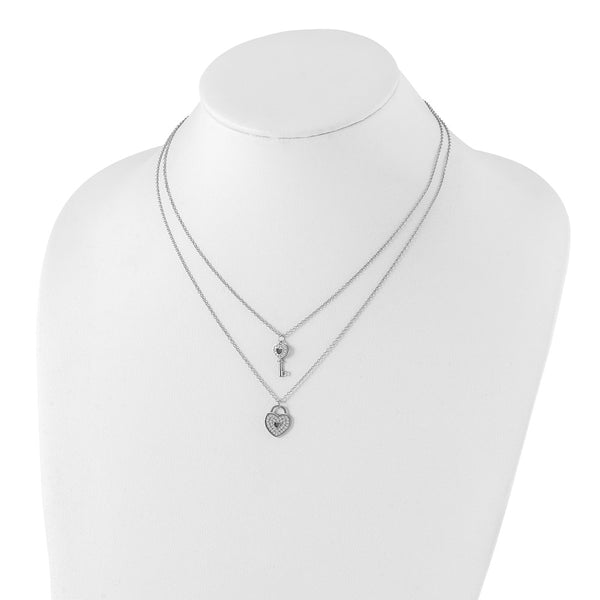 Sterling Silver Cubic Zirconia 18-inch Heart 2-Layer Lock and Key Necklace