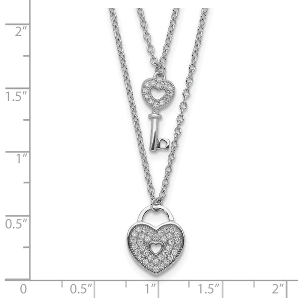 Sterling Silver Cubic Zirconia 18-inch Heart 2-Layer Lock and Key Necklace