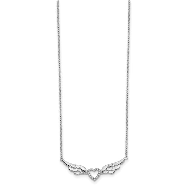 Sterling Silver Cubic Zirconia 17-inch 35MM Heart Wings Necklace