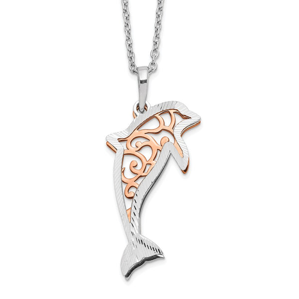 Sterling Silver 18-inch Diamond-cut Two-Tone Dolphin Necklace