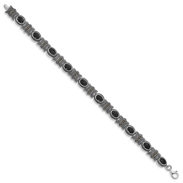 Sterling Silver Onyx and Marcasite 7.25-inch 7MM Lobster Clasp Bracelet